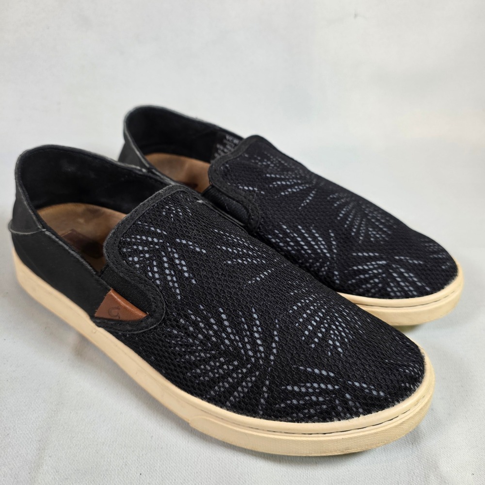 Olukai Pehuea Black Tropical‎ Mesh Slip On Sneakers Womens 7 Coastal Minimalist